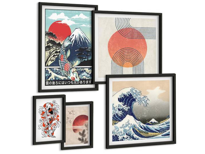 Tulup Bilder SET 5er Set - 50x50 cm & 20x30 cm & 40x60 cm Schwarzer Rahmen - Illustrationen von Fischbergen, die sich in Japan ausbreiten, Kunststoff, Rechteckig, 40x60 cm, Fotografie, Bilder & Rahmen, Bilder