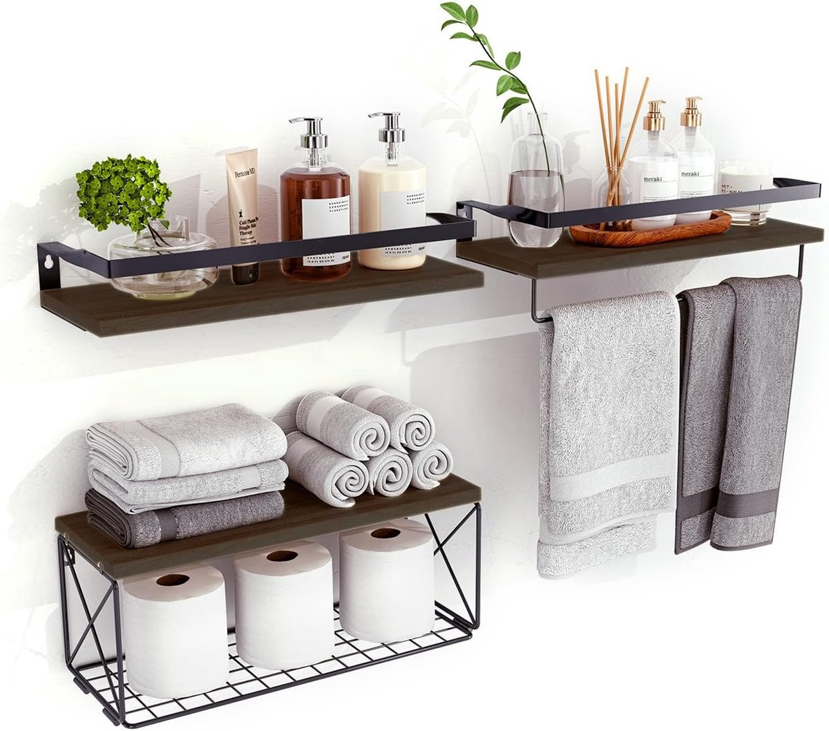 Zwevende Badkamerplanken met Opbergmand - Houten Wandplanken voor Badkamer, Woonkamer of Keuken
