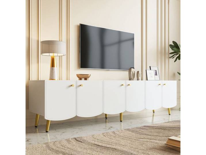 ELVORIN Meuble TV 180 cm 6 portes blanc et or panneau de particules