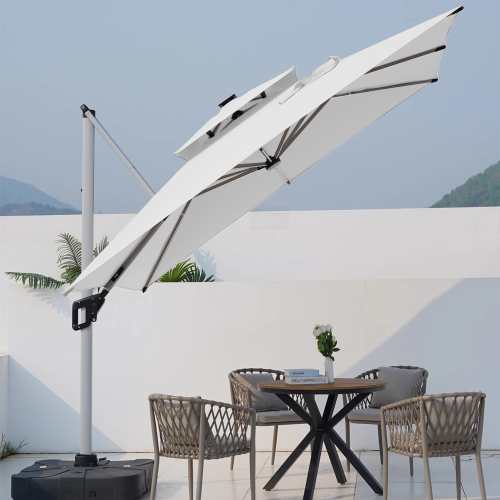 Balkonschirm, Garten-Sonnenschirm, Terrassenschirm, Gastro-Sonnenschirm, Outdoor Sonnenschirm, mit Solar-Lichtstreifen Weiß L300*H260cm /SWZYS65493-b/