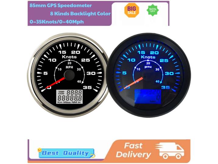 Compteurs de vitesse GPS 85 mm 0-35 nœuds, compteurs de vitesse 0-40 MPH, compteurs kilométriques, compteurs de trajet avec 8 types de rétroéclairage pour bateaux, yachts, navires