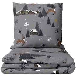 Leonado Vicenti Kuschelige Winter Bettwäsche Fleece 135x200 cm Grau Elch Schneeflocken mit Reißverschluss 4 teilig