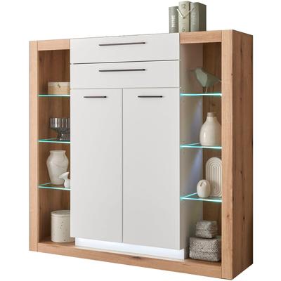 Highboard HOME AFFAIRE "Brixen, moderne Kommode, Stauraumelement in Eiche Evoke Dekor", weiß (eiche evoke, weiß), B:141cm H:139cm T:37cm, Sideboards, Highboard, Metallgriffe, ausreichend Stauraum, vielseitig einsetzbar