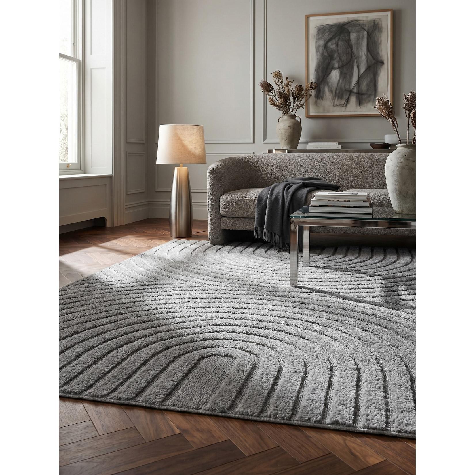 Hochflorteppich Organische Bögen mit 3D-Effekt Silber 60x110 cm Waschbar