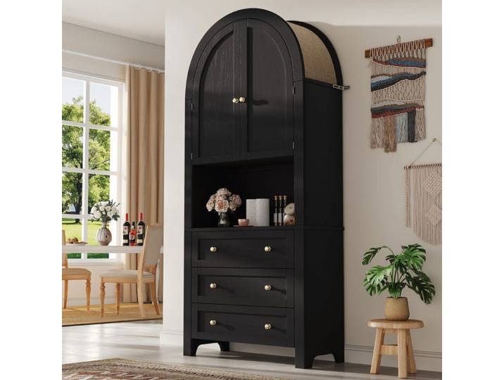 Armoire de rangement haute avec 3 tiroirs et portes courbées noire FloraGrace