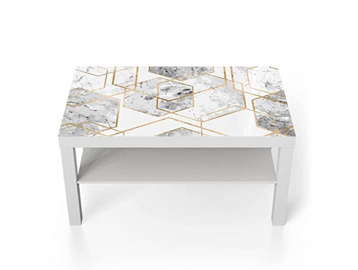 DEQORI Glastisch weiß groß 90x50 cm Motiv Goldgerahmte Sechsecke ausgefallener Beistelltisch aus Glas Hochglanz Couchtisch fürs Wohnzimmer moderner Couch Tisch mit Design