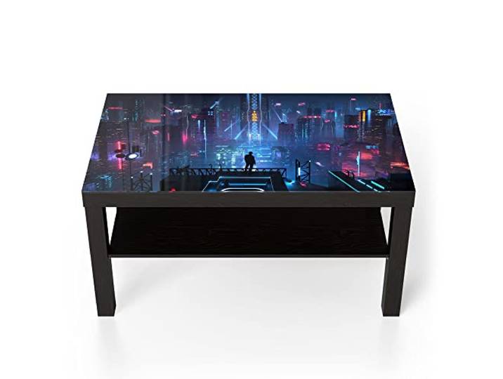 DEQORI Glastisch schwarz groß 90x50 cm Motiv Cyberpunk Stadt bei Nacht ausgefallener Beistelltisch aus Glas Hochglanz Couchtisch fürs Wohnzimmer moderner Couch Tisch mit Design