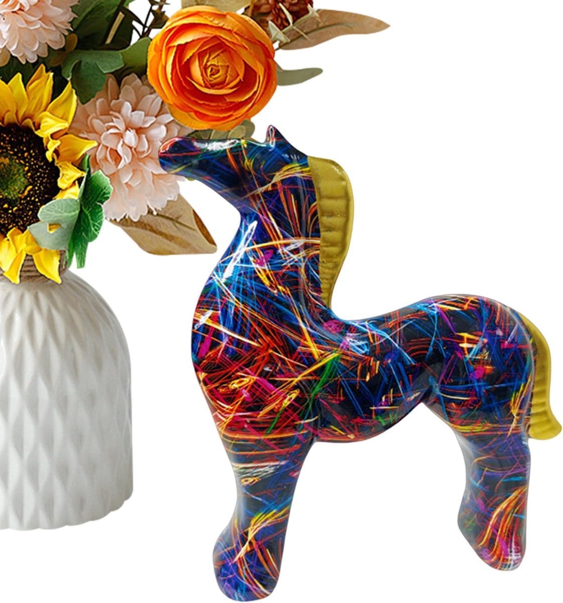 Handgeschilderd Paardenbeeld - Kleurrijk Dieren sculptuur voor woonkamer decoratie - B/D/H: 24 x 11 x 26 cm
