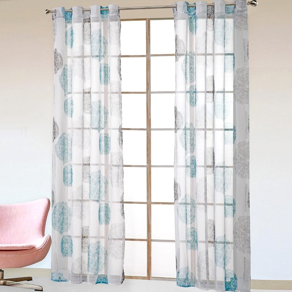 Blauw gordijn met bloemenprint - Lichtdoorlatend voile vitrage paneel - 140 x 175 cm