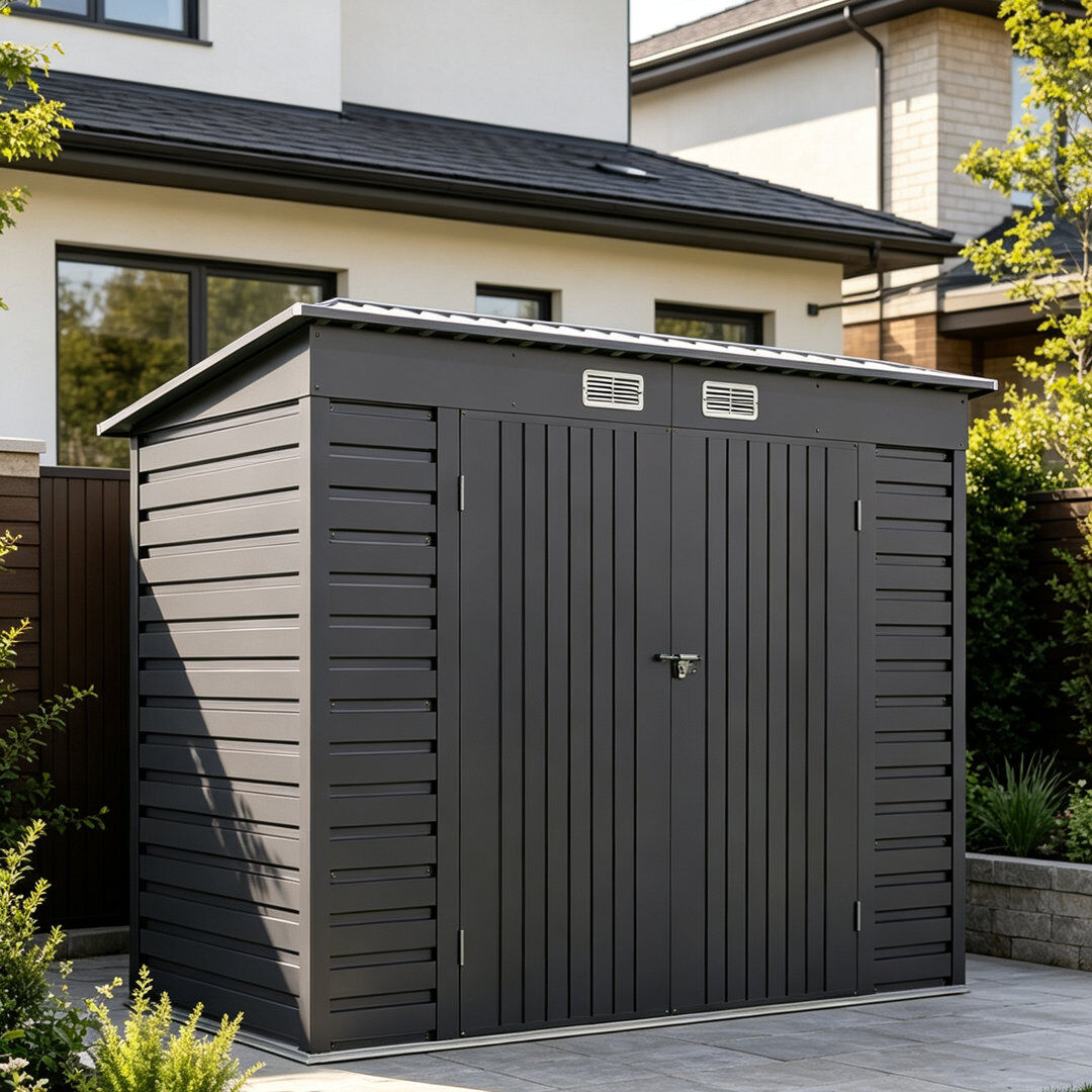 Garden Sanctuary Gray Flat Roof Double Door Tool Shed Grey 240cm W X 113cm D X 183cm H