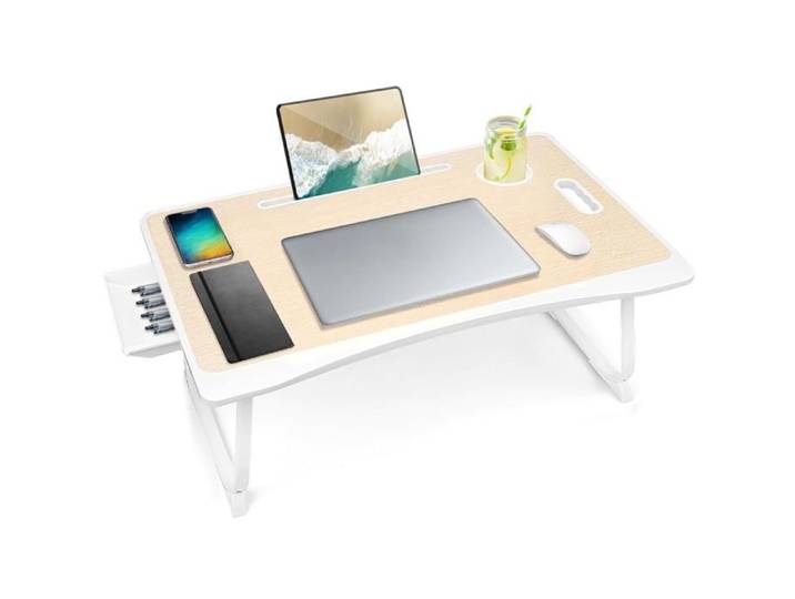 Table pour Ordinateur Portable Table de Lit Support pour Ordinateur Portable Support de Lecture avec Tiroir de Rangement - Blanc