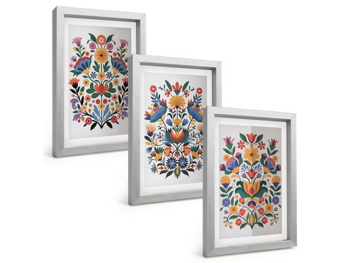 BILDER SET 3er Set - 20x30 cm Silberner Rahmen - Blumenmuster in intensiven Farben