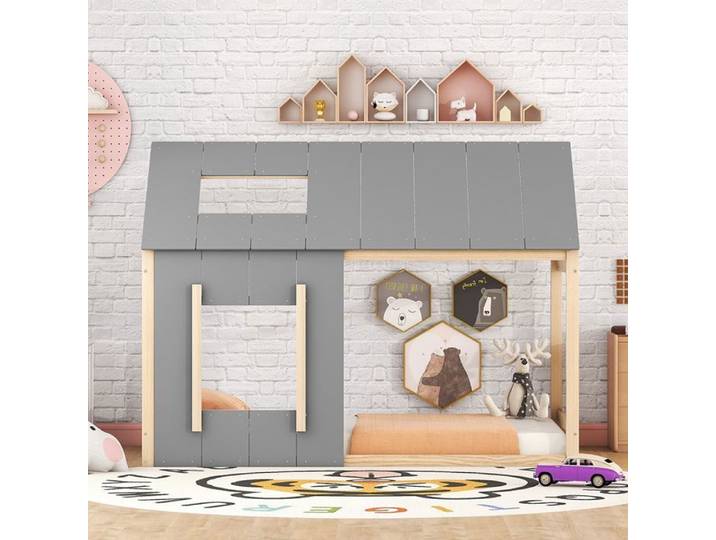 Lit cabane enfant - PUGSDRLY - Lit cabane (maison) - 90 x 200 cm - Pin & MDF - Toit et fenêtre