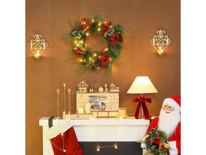 HOMCOM Couronne Noël 60cm 35 LED Minuterie Vert avec Décorations