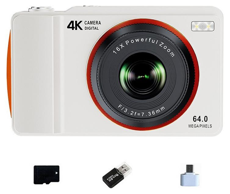 Zelurxx 64MP Digitale Camera met 4K Video, 16x Digitale Zoom en 2,4 inch Scherm, Wit