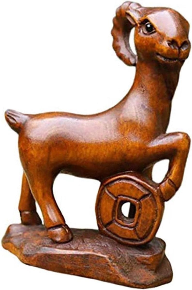 Handgesneden houten geit - Klein dierenbeeldje voor bureau decoratie