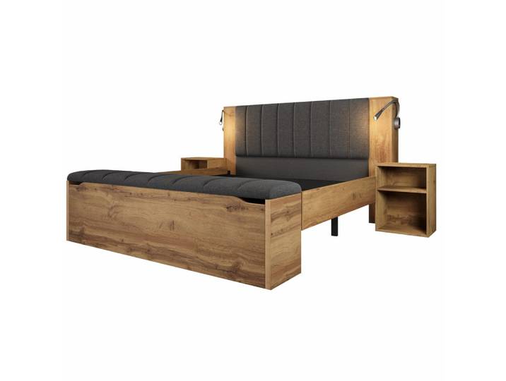Lit effet bois chêne, tête de lit rabattable, 2 tables de chevet, banc