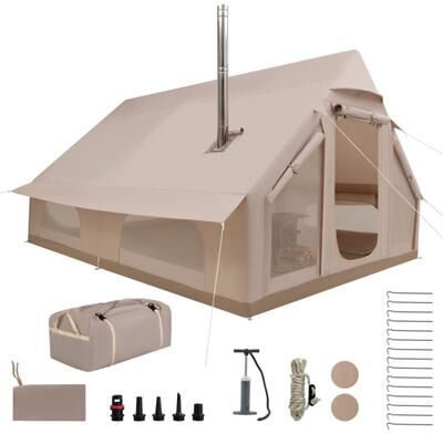Costway Inflatable Easy Setup 4 Season Waterproof Oxford Camping Tent for Camping with Stove Jack for 6-10 Person-Beige