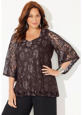 Plus Size Women's Allover Lace Blouse by Catherines in Coffee Bean (Size 0XWP)