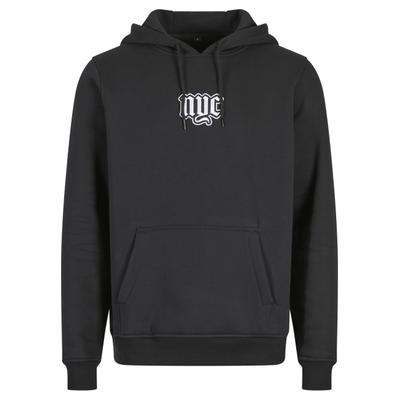 Kapuzenpullover MISTERTEE "MisterTee NYC Old English Wording Patch Hoody", Herren, Gr. S, schwarz, 65% Baumwolle, 35% Polyester, mehrfarbig, normal, ohne Ausschnitt, Pullover Kapuzenpullover