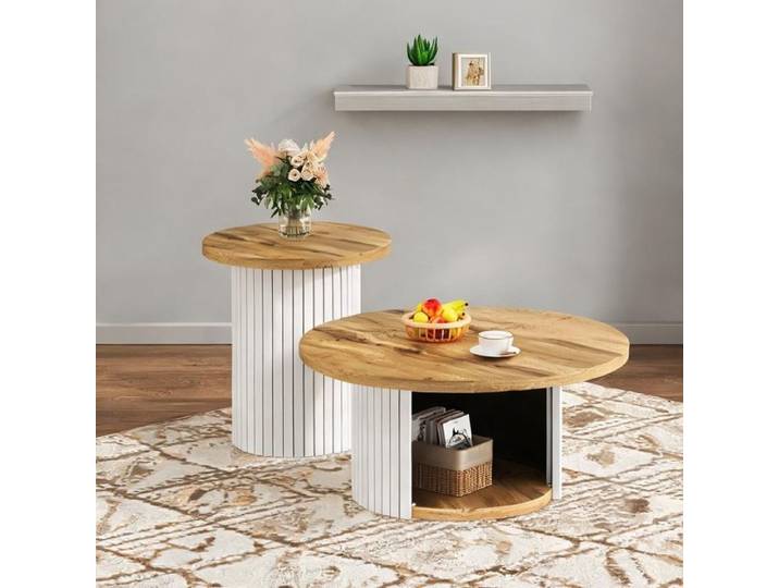 Table basse ronde double en MDF naturel avec rangement intégré et table d'appoint style nordique
