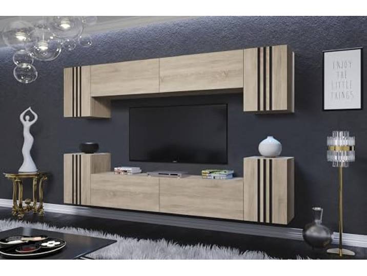 Furnitech Wohnwand Wohnzimmer Hängend Wohnwand Modern Wohnzimmer Schrankwand mit Regale und TV Schrank Wohnzimmer Möbel (LO1-23S-M5-LCZ)