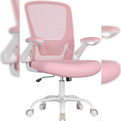 Bürostuhl mit Netzbespannung, klappbare Armlehnen, große Sitzfläche, gepolsterte Lendenstütze, Wippfunktion, bis 120 kg belastbar, pastellrosa