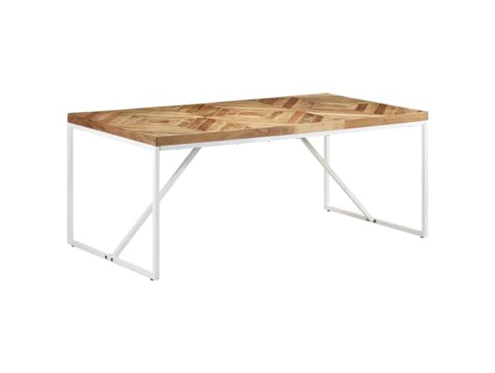 Fisinber Esstisch 180x90x76 cm Massivholz Akazie Mango Küchentisch Einzigartiges Chevron-Mosaik-Design aus echtem Holz mit stabilen weißen Stahlbeinen für Küche und Esszimmer.