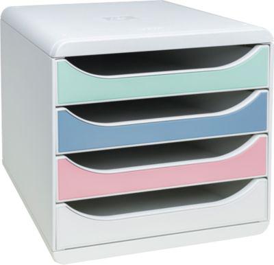 Exacompta Pop Box Schubladenbox, für A4/A4+, aus recyceltem Kunststoff, geschlossene Schubladen, stapelbar, leiser Auszug, 4 Schubladen, farbsortiert