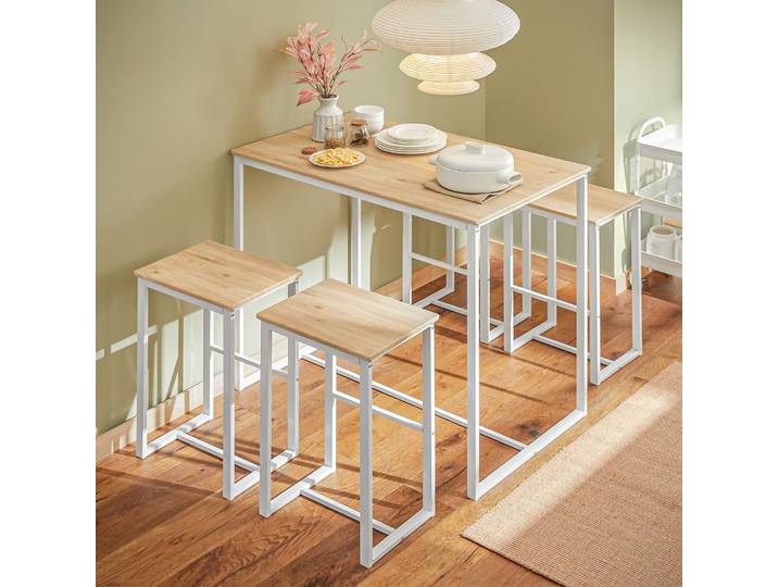 SoBuy OGT15-WN Table de bar 5 pièces avec chaises table à manger table sur pied table de bistro avec 4 tabourets de bar groupe de sièges Blanc-nature