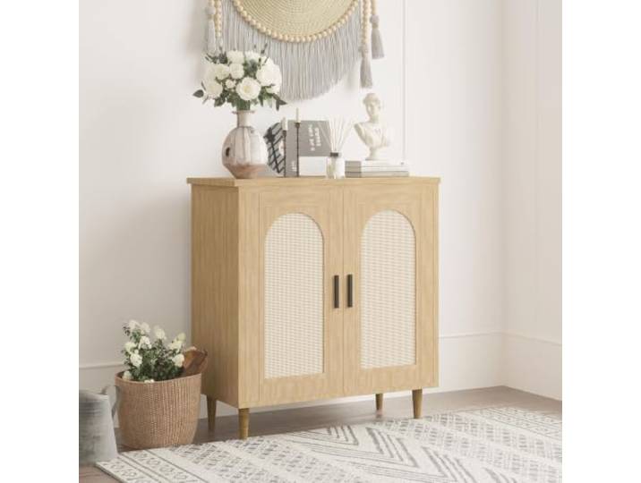 Sideboard 77cm Weiß Mit Rattan Türen Wohnzimmer Flur Küche Aufbewahrung 77cm Sideboard in Weiß, 2 Rattan-Türen, stilvoll & geräumig für Wohnzimmer, Flur & Küche.
