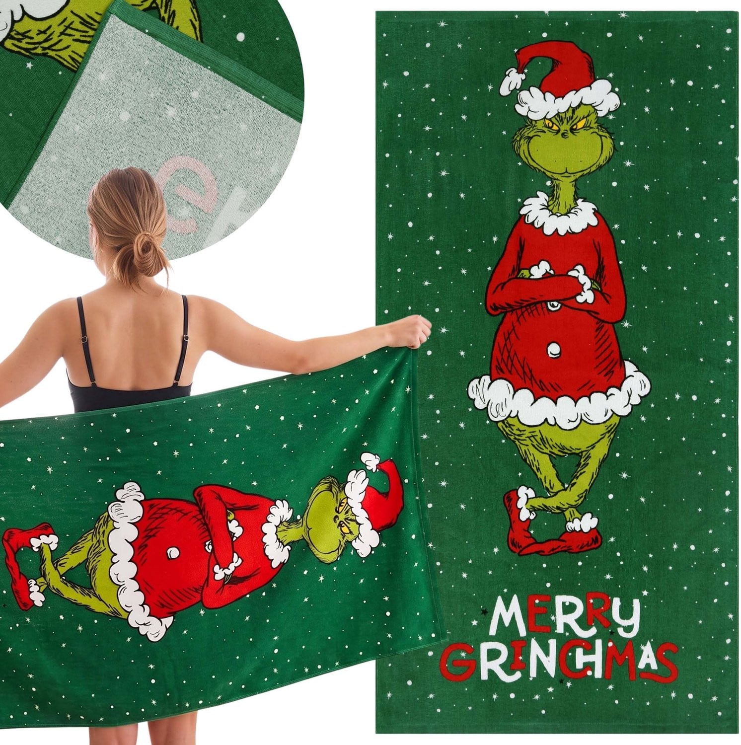 Grinch Kerst badhanddoek van 100% katoen, zachte strandhanddoek, B: 70 cm, L: 140 cm