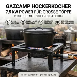 Gazcamp Hockerkocher 7,5 kW – Gaskocher für Camping mit 4 Füßen, 100 kg Belastba...