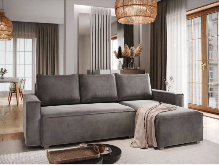 Dunkelgraues Ecksofa CAVELO, ausziehbar, beidseitig