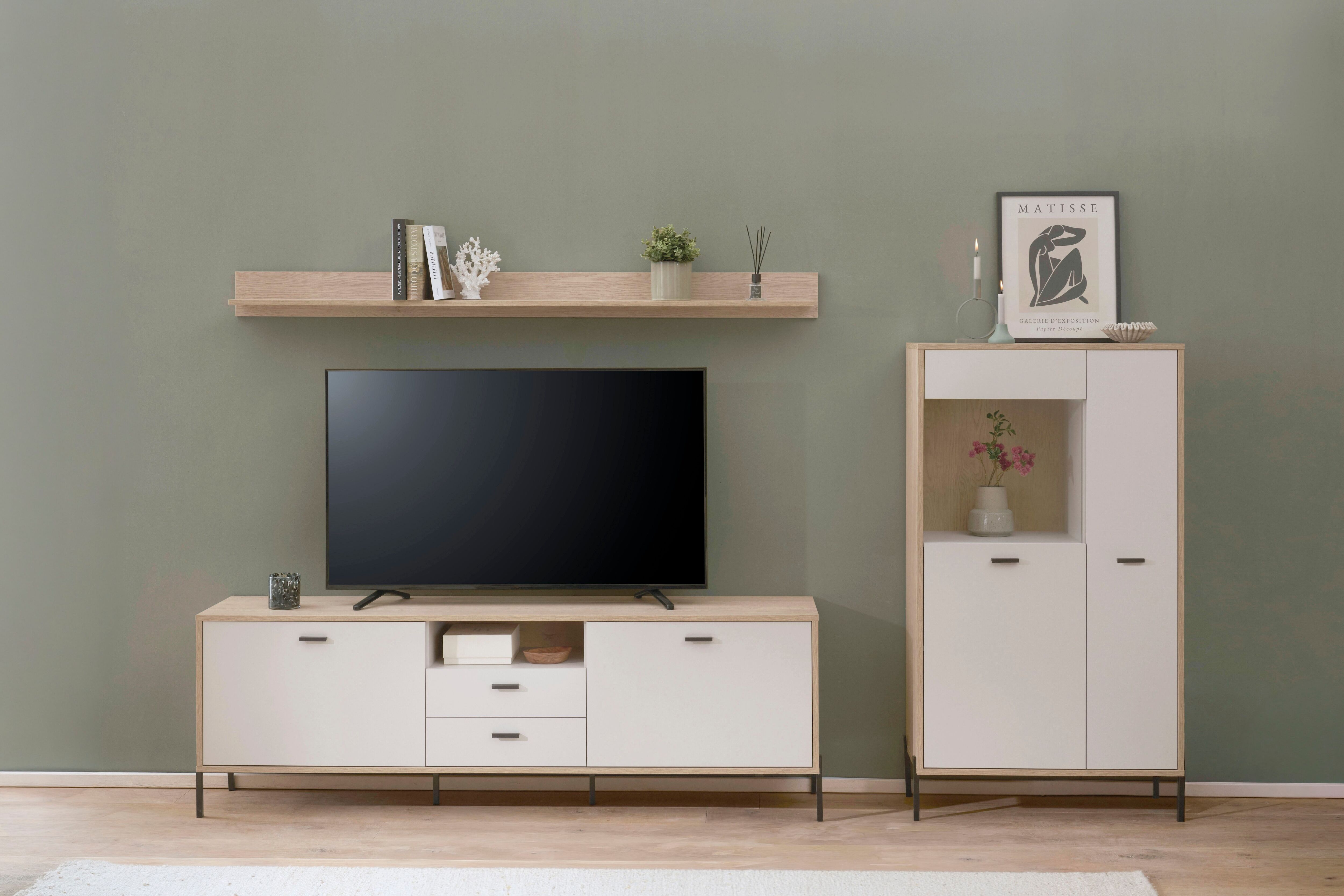 Wohnwand HOME AFFAIRE "Fredericia, moderne Anbauwand, Komplettset in Kaschmir", beige (eiche cremona toro, kaschmir), B:285cm H:170cm T:40cm, Holzwerkstoff, Kastenmöbel-Sets, Wohnwand, enthält Vitrine, Lowboard und Wandboard, 285 cm breit eiche cremona to