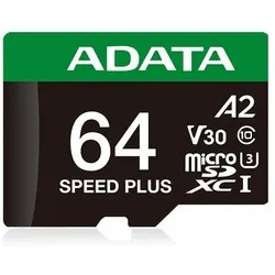 Adata microSD 64GB Speed Plus UHS-I U3 + Adapter (64 GB, microSDXC, U3, UHS-I), Speicherkarte, Grün, Weiss, Schwarz