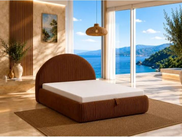 Best For Home TEDI Bett 160x200 mit Bonell-Federkernmatratze, ohne Topper Modernes Polsterbett mit weichem Cordbezug, gerundetem Kopfteil, integriertem Bettkasten und Bonell-Federkernmatratze.