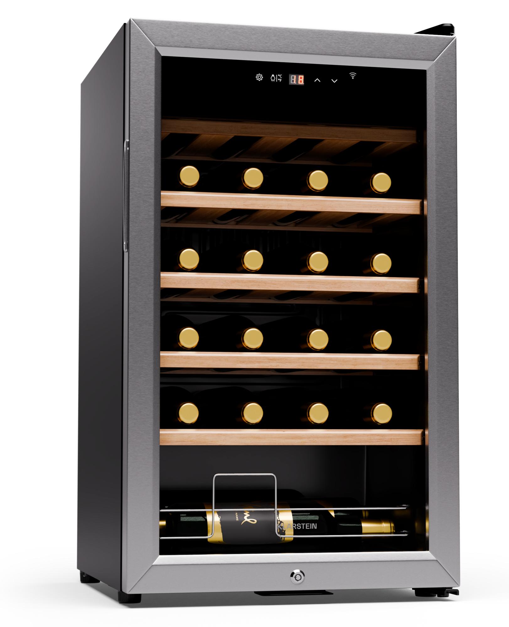 Klarstein Weinkühlschrank,1 Zone Getränkekühlschrank, Leiser Indoor/Outdoor Kühlschrank, 63 Liter Flaschenkühlschrank Klein, Weinschrank für Getränke, Weinkühler für 24 Flaschen, 5-18°C