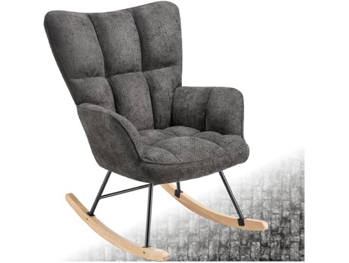 tectake® Skandi Schaukelstuhl, Sessel Wohnzimmer, Relaxsessel, Wohnzimmer Möbel Ohrensessel Vintage Look, Lesesessel, Schaukelsessel, Rocking Chair Babyzimmer, Schlafzimmer - Chenille anthrazit