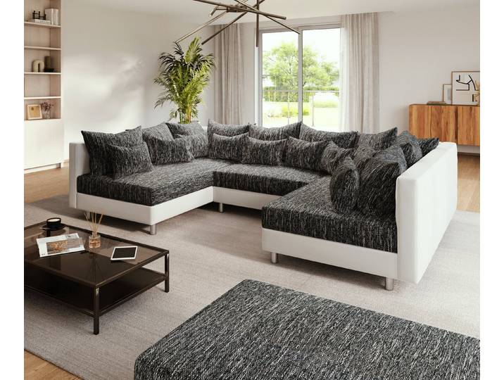 DELIFE Wohnlandschaft Clovis, Weiss Schwarz mit Hocker Wohnlandschaft Modulsofa
