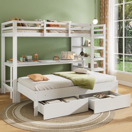 Zweibettchen, massivholz, weiß, 90x200, Kinderstapelbett, Tisch, Lader, Schubladen