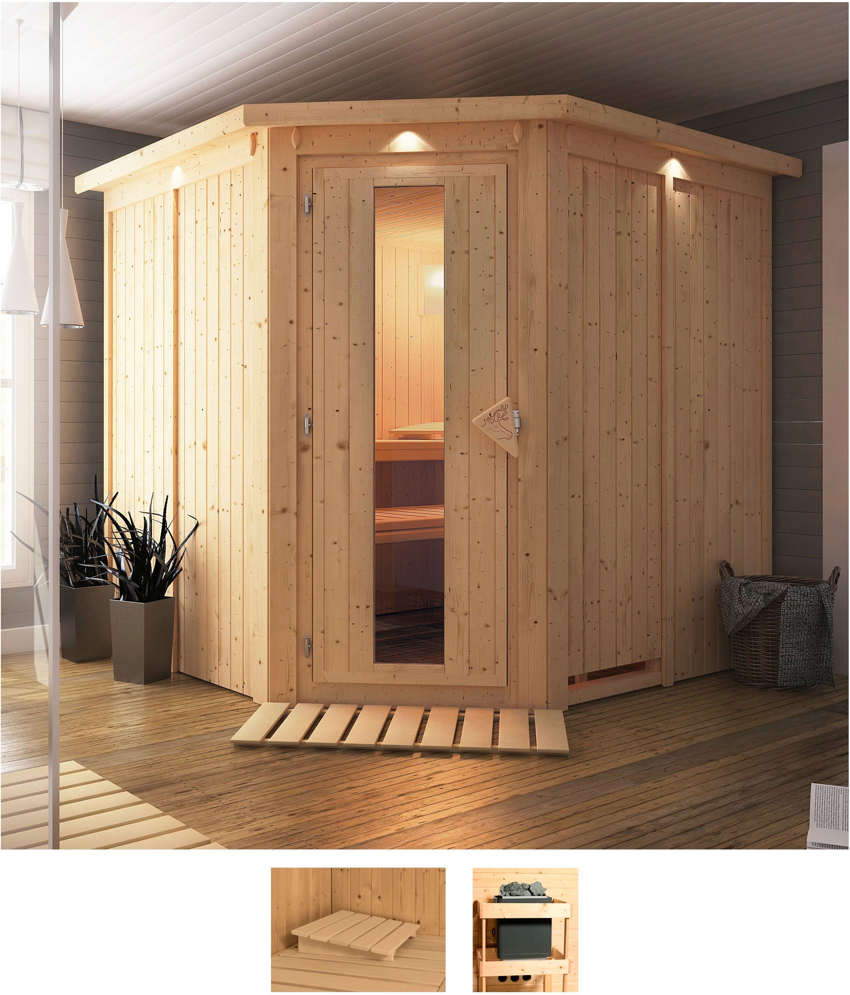 Sauna KARIBU "Jarin", beige (naturbelassen), ohne Ofen, (ohne Ofen), Saunen, ohne Ofen