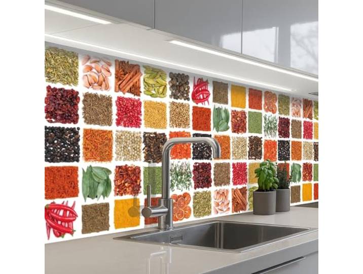KitchenYeah© Spritzschutz Küchenrückwand Selbstklebend Küche Rückwand 80x300 cm - Küchenwand Wand Küchenfront Verkleidung Küchenspritzschutz Quadrate - Gewürze - Kräuter - Grafisch