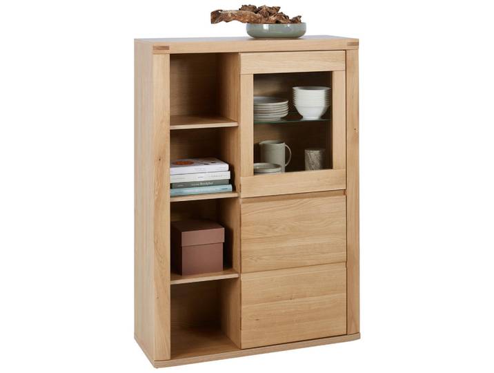 Voleo Highboard, Alteiche, Holz, Glas, Eiche, massiv, 5 Fächer, 98x140x38 cm, Beimöbel erhältlich, in verschiedenen Holzarten erhältlich, Holzmöbel, Kleinmöbel Holz, Holzkommoden, Highboards Holz