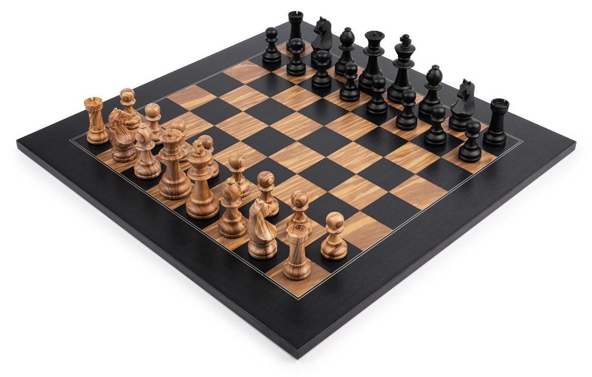 Schachset Deluxe Schwarz Olive Feld 50 mm Holzschachbrett