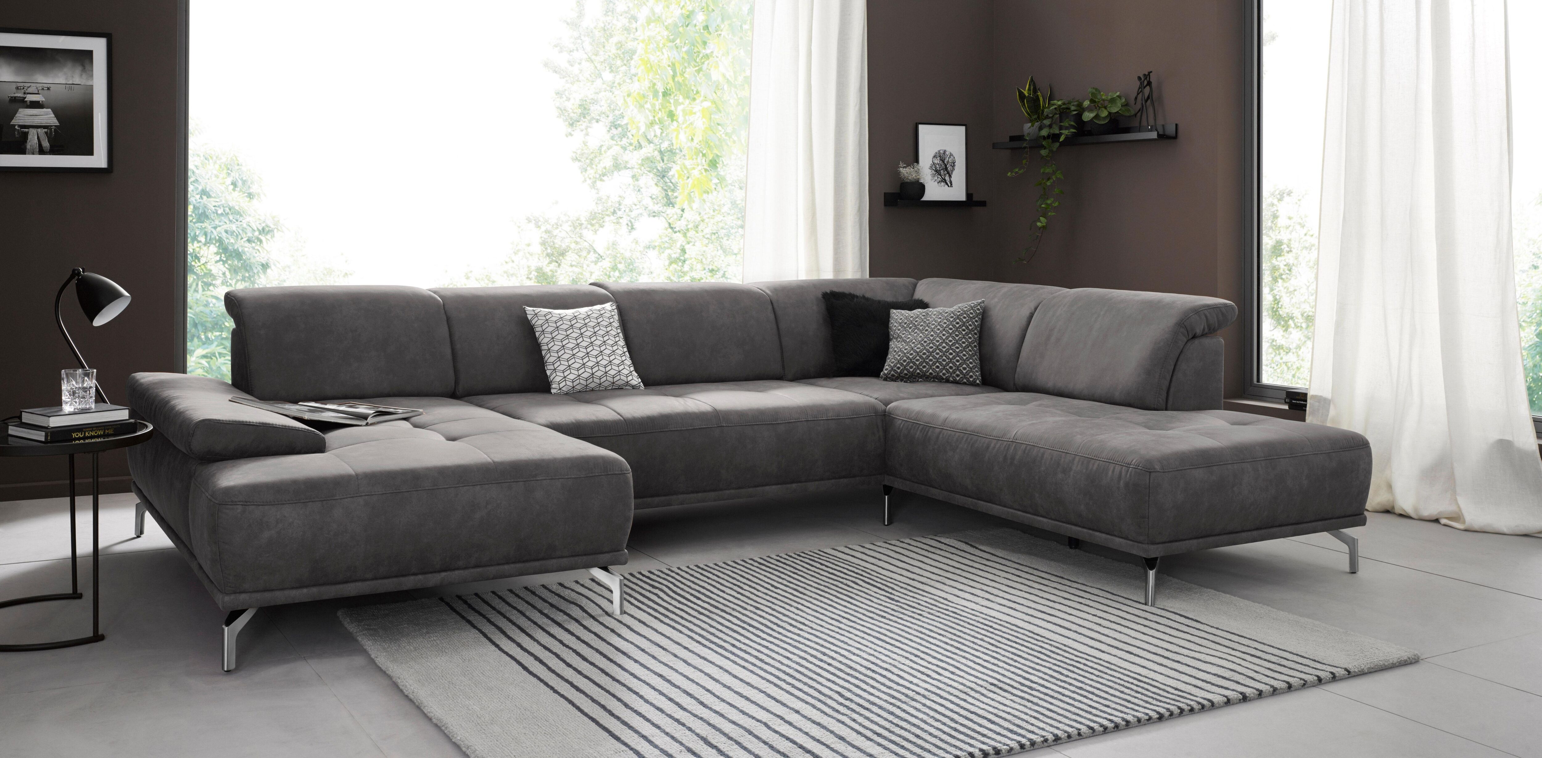 Wohnlandschaft GOODPRODUCT "Caluna", grau (anthrazit), B:334cm H:81cm T:235cm, Flachgewebe Mura: (100% Polyester);Luxus-Microfaser Vintageoptik (100% Polyester);Luxus-Mikrofaser (90% Polyester, 10% Polyamid), Sofas, Wohnlandschaft, Inkl.Sitztiefenverstell