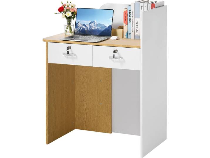 Comptoir d'accueil VEVOR 80 cm de long\, comptoir d'accueil rectangulaire avec éclairage LED\, 2 tiroirs et prises électriques\, comptoir d'accueil pour caisse\, hall d'entrée\, salon de beauté\, bureau\, hôtel\, comptoir deen aggloméré