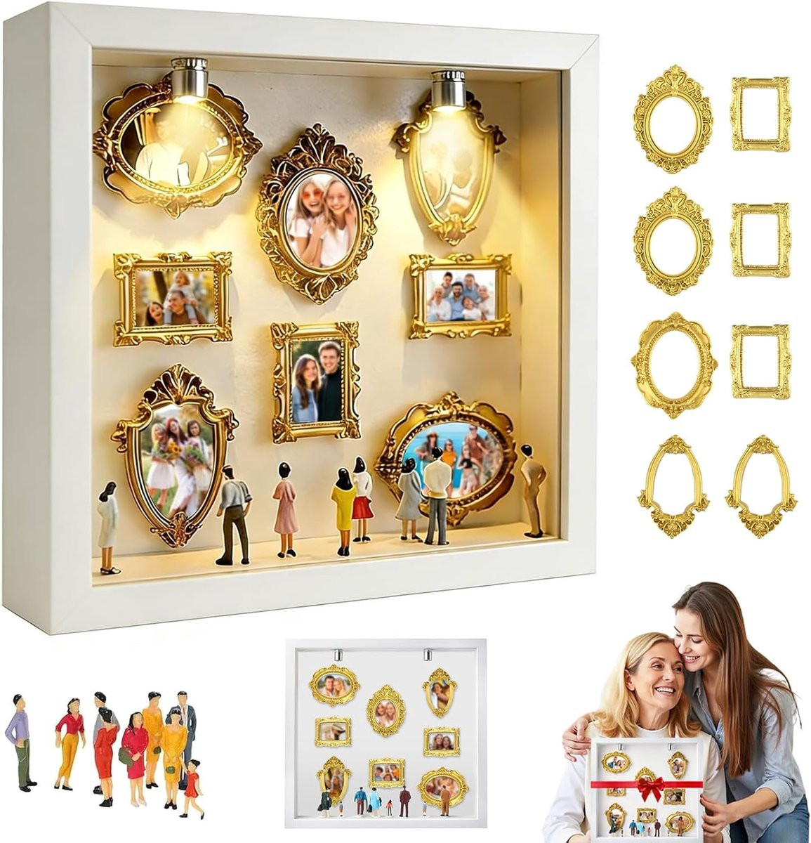 Cyslmuk DIY Mini Museum Silhouet Doos - Vintage Foto Herinneringsset met 8 Gouden Fotolijstjes en Figuren - Wit