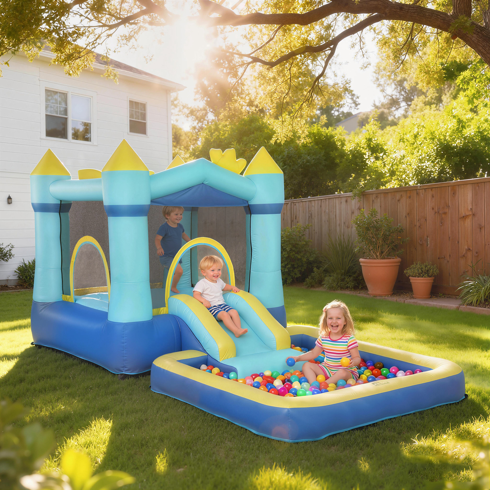 Aiyaplay Castello Gonfiabile per Bambini 4 in 1, Scivolo, Trampolino, Piscina Palline/Acqua, Canestro, 3-8 Anni, Blu   Aosom Italy