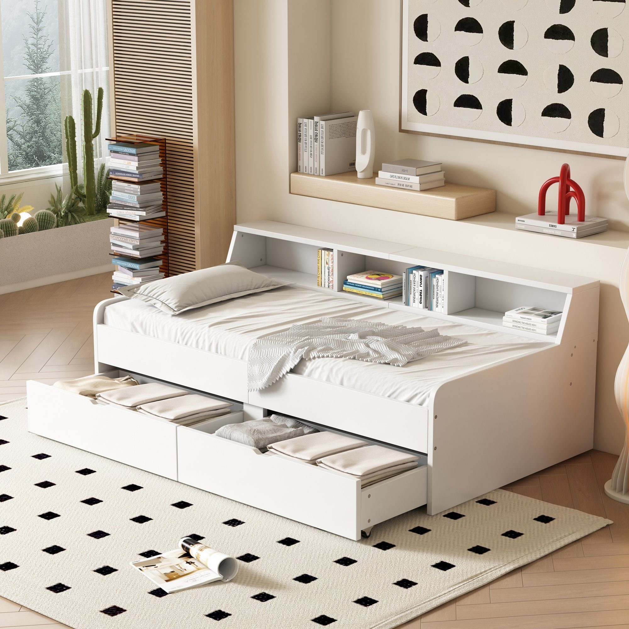 Fortuna Lai Kinderbett Tagesbett 90*200cm, Einzelbett mit zwei Schubladen, mit Staufach, Weiß